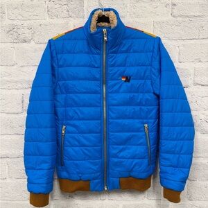 Aviator Nation Blue Puffer Jacket with Brown Accents Unisex Size Small